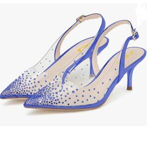 FSJ Blue Crystal Studded Clear Pumps Rhinestone Low Heel Sandals Slingback Shoes